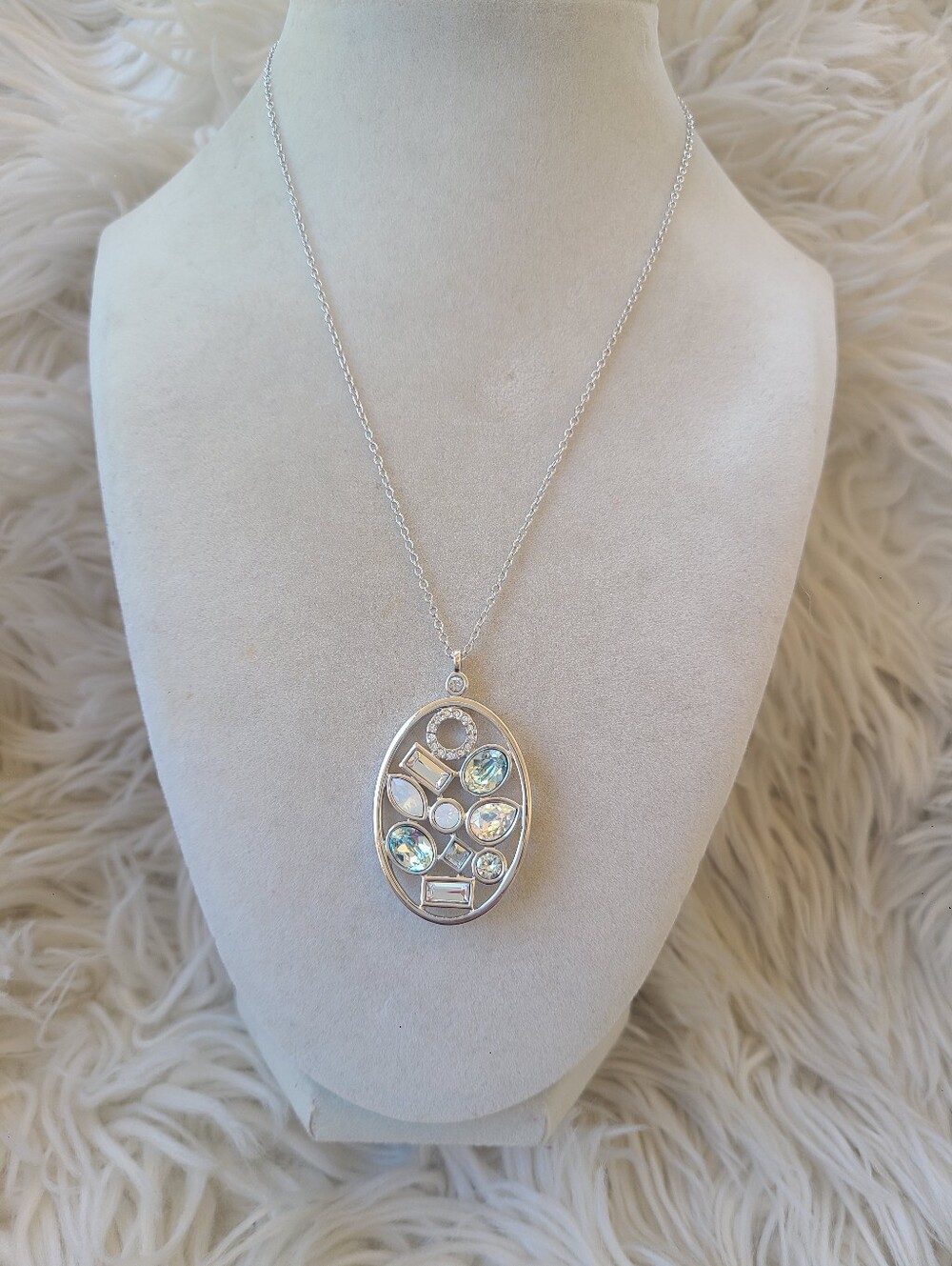 Touchstone Silver By Swarovski Oval Pendant Blue/Iridescent Accents- Excellent